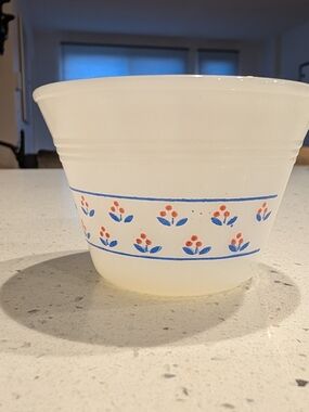 Vintage Pyrex Milk Glass Custard Bowl with Blue and Coral Floral Band